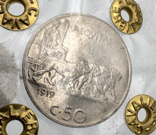 ITALIA Vittorio Emanuele III 50 Centesimi 1919 Leoni Contorno Liscio -Non Comune