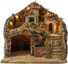 Presepe Completo Illuminato Natalizio Con Capanna E Grotta per Statuine Artigian