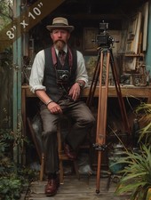 Fotografo vittoriano con treppiede e flash in giardino studio 8x10 stampa opaca