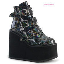 STIVALETTI ANFIBI DONNA Tacco zeppa 14 Nero Olografico 36/42 scarpe Punk Rock