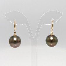 Orecchini di perle di Tahiti ovali grigio verde-grigio 10,4-10,6 mm in oro...