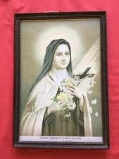 Francobollo quadro sacro vintage Santa Teresa Gesù bambino 1930 con cornice in legno