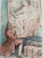 Incisione su Acciaio a colori Metà '800 Scena Galante Erotica Nudo Femminile