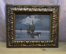 VECCHIO QUADRO DIPINTO SU LEGNO CON BARCHE AL MARE cm. 35 X 29  [TI44]