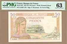 FRANCIA: banconota da 50 franchi, (UNC PMG63), P-85b, 07.05.1938, senza riserva!