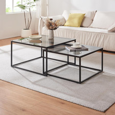 Set di 2 Tavolini Sovrapponibili da Salotto di Diverse Misure con Piano in Vetro