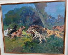 Carlo Domenici (1897/1981).olio su tavola 51x60 cm. "caccia al cinghiale"