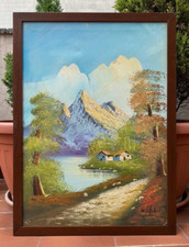 DIPINTO OLIO SU TELA - PAESAGGIO DI MONTAGNA E LAGO - FIRMATO - 50 X 70