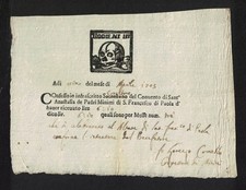 COSENZA -- SAN FRANCESCO DI PAOLA 1705  ricevuta di lire 6,10 per tre messe