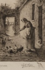 Secondo MILLET (*1642), donna nutre polli, ruota. Realismo genere 1850-1899