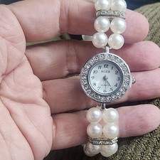 Orologio Boer Doppio Filo Crema Vetro Perle Perline Tono Argento Quarzo