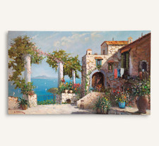 Terrazza soleggiata fiorita a Capri paesaggio primaverile dipinto olio originale firmato