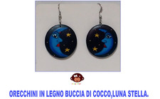 orecchini legno buccia di cocco,luna,stella,rasta,etnico,hippy,jah,gipsy,chakra.