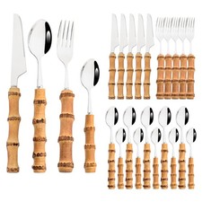 Set di Posate 24 PEZZI Argento Polish con Manico in Bambù Naturale, Basic Chinois...
