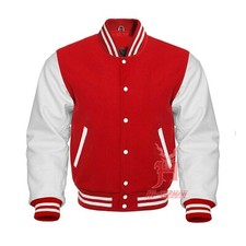 Varsity Giacca Gothic College Bomber Unisex Rosso Lana Bianco Pelle Retrò