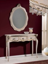 CONSOLLE E SPECCHIO OVALE IN LEGNO AVORIO E FOGLIA ARGENTO INGRESSO ARREDO CASA