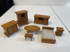 VINTAGE WOOD DOLL HOUSE FURNITURE KITCHEN HUTCH, CABINET, BED, DRESSER, 7 Pc