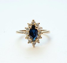 Anello- Bronzo Dorato - Zaffiro Blu -cristalli Brillanti-Vintage