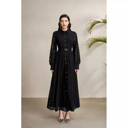 Abito lungo nero pizzo - pizzo, con