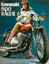 Poster pubblicitario moto d'epoca Kawasaki 500 MACH III 1970 