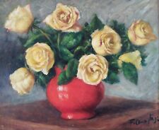 Vecchio dipinto olio natura morta impressionista italiana vaso rosso, rose gialle firmato