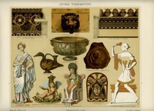 Stampa Antica 1898= TERRACOTTE ANTICHE Greche Etrusche Romane = CROMOLITOGRAFIA
