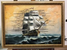 Quadro ad olio su tela di Caneva misura 50x70cm, veliero, marina, in cornice