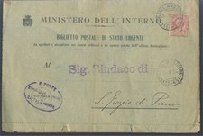 Biglietto postale di Stato urgente diretto a Sindaco affrancato 10 c. (1924).