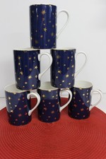 Set of 6 Galaxy Holiday 14 Karat Gold Star Mugs Cups Sakura Cobalt Blue