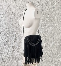 BORSA TRACOLLA NERA LAMINATA CATENE FRANGE SCAMOSCIATA STELLA MC