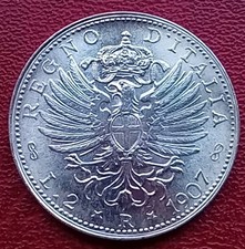 REGNO V.E.III MONETA COPIA 2 LIRE 1907,MATERIALE ARGENTO 9,03 GRAMMI,FDC