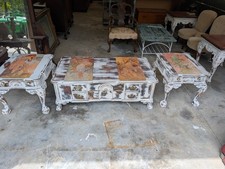 Tavolini (coppia) e tavolino Shabby Chic in noce "Le quattro stagioni" di Mucha