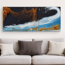 Quadro Astratto Moderno Dipinto a mano Acrilico Onda Pesca Mare Oceano 110 x 50