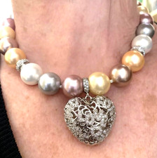 IMPORTANTE COLLANA CUORE ELEMENTI ARGENTO 925 RICOPERTI ZIRCONI PERLE DI BIGIOTT