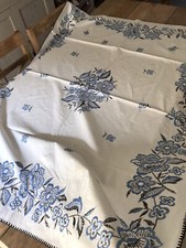 Tovaglia Ricami E Orlo Fatto A Mano Fiori Azzurri Tessuto Misto Lino