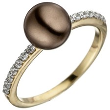 Anello Donna Con Perla Braun & Zirconi Bianchi 333 Oro Bicolore