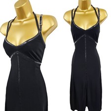 Abito da cocktail Karen Millen UK 12 vintage nero jersey bordo ecopelle svasato