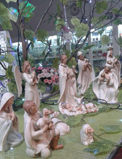 NATIVITA-  PRESEPE COMPLETO IN CERAMICA-  11  PEZZI  BIANCO   ORO  -PABEN  -