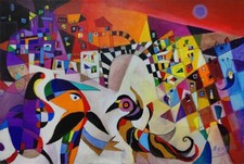 Bengez Miljenko 40x60 la fenice e l'uomo con i grandi baffi Serigrafia materica