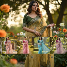 Nuovo Lancio Morbido Raso Seta Saree Con Maglia Per Matrimonio Indiano Indossare