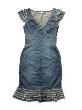 Moschino Jeans abito denim lunghezza ginocchio volant cappuccio manica blu UK 8 western