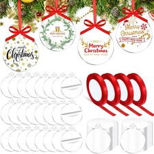 200 Pcs Christmas Clear Acrylic Ornament with 4 Roll Red Ribbon DIY Blanks Ro...