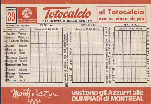 Totocalcio schedina 39 del - n.,