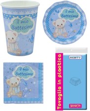 KIT COORDINATO BATTESIMO CELESTE FESTA PIATTI BICCHIERI TOVAGLIOLI TOVAGLIA