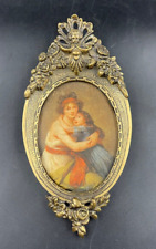 Quadro miniatura ovale ritratto della donna Nobile con bimba cornice ottone
