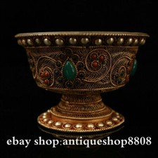 4 ciotole Nepal fatte a mano Tibet argento filigrana intarsiata gemma tempio olio buddismo Kapala