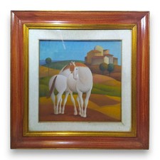 QUADRO DUE CAVALLI E PAESAGGIO - ROBERTO MASI OLIO SU TELA