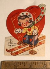 San Valentino vintage, sci bambina. Bastoncini da neve, sci, sci "Heading Your Way" anni '40