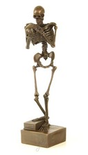 Scultura In Bronzo Scheletro Umano Con Cranio In Bronzo Su Base H 28