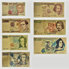 Banconote Lire Dorate 7 Pezzi 1000 2000 5000 10000 50000 100000 500000 Lire